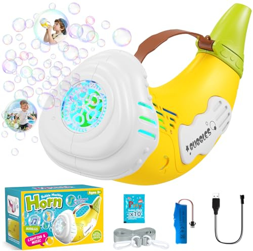 Machine à Bulles，2in1 Trompette Jouet a Bulles Rechargeable Automatique/Soufflage de Bulles Mode ，Pistolet a Bulle pour Enfants 3 4 5 6 Anniversaire/fête/Jeux Exterieur/Noël(Jaune)