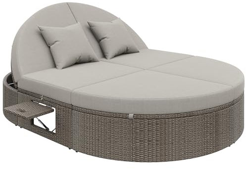 xixiworkshop Outdoor Daybed, Rattan Doppel Liege, Individuell Einstellbarer Winkel Outdoor Sofa,Gartenliege mit seitlichem Regal, Sonnenliege Doppelliege 2 Personen Klapptisch,Garten Relaxliege,Gray