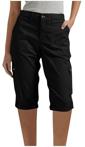 Cargo Shorts Women UK Ladies Knee Length Shorts Cargo Capri Pants with Multiple Pockets Summer Back Half Elasticated Waist Cropped Trousers Outdoor Hiking Work Travel Golf Short Black