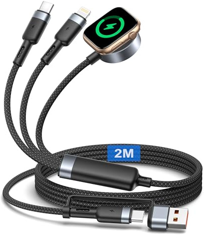 3 in 2 Multi Ladekabel für Apple Watch Ladekabel,2M Nylon apple watch Charger und iPhone Kabel für iWatch Series Ultra/SE11/10/9/8/7/6/5/iPhone 17/16/15/14/13,Apple watch ladekabel USB C Magnetisches