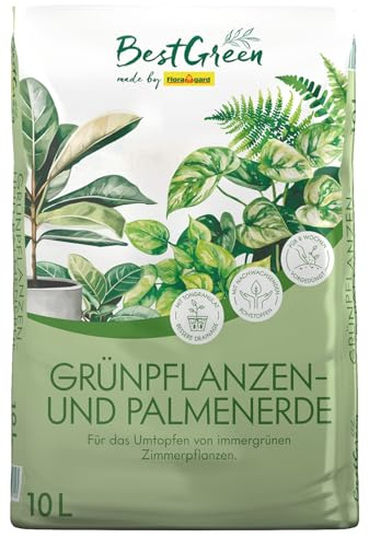 BestGreen Grünpflanzen- & Palmenerde 10 L – torfreduzierte, lockere Pflanzerde mit guter Wasserspeicherung für Zimmerpflanzen, Palmen & große Kübelpflanzen – nährstoffreiche Basis für kräftige Wurzeln