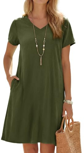 Enmain Vestidos Verano Mujer Lino Manga Corta Escote Pico Verde Vestido Casual Midi Playa con Bolsillos hasta la Rodilla sin Accesorios 3XL