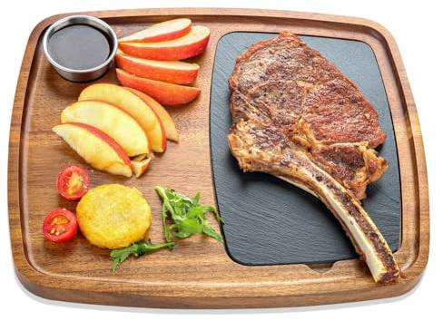 LiWiBet Acacia Wood Serving Plate with Sauce Cup & Removable Slate Insert for Meat Sausages Cheese, Steak Serving Tray Cutting Board Serving Platter Cheese Platter Perfect for Housewarming Christmas