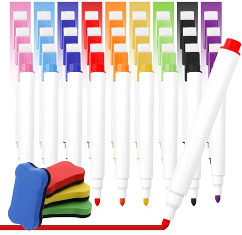 MAIJIAJU 32 stycken whiteboard markörer magnetiska, 9 färger whiteboard pennor torka av med 4 stycken svampar magnetisk, foliepenna med fin spets tavlor avtorkbar för kontor skola hem osv