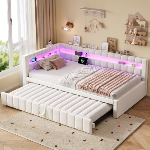 Mrwoo 3ft Single Daybed with Pull Out Trundle, Upholstered Sofa Bed with RGB-LED-Lights and Charging-Station, for Living Room, Bedroom, Study Room, Beige, 90x190cm, (No Mattress)