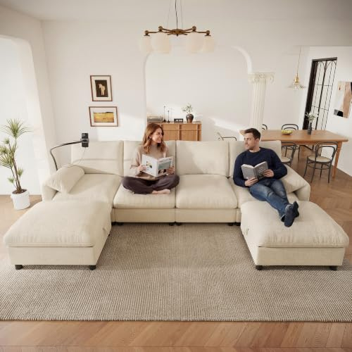 LPdorbe Canapé d'angle Convertible modulable en U/L,Canapé 6 Places avec 2 poufs de Rangement,Ports USB/Type-C et Support téléphone,Tissu Chenille,pour Salon Familial,Beige
