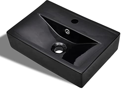 vidaXL Lavabo Rectangular con Agujero Desagüe Cerámica Negro Brillo Lavamanos