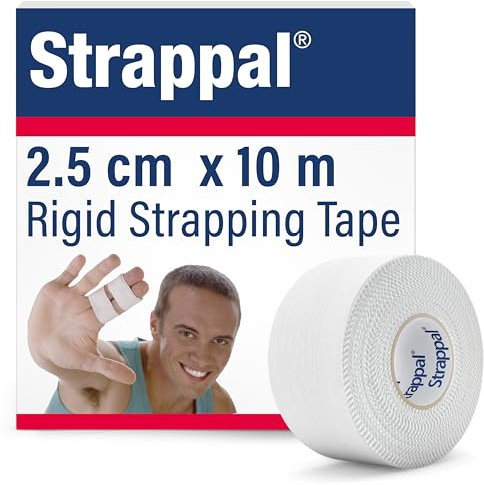 Strappal – Bande de strapping rigide pour le traitement et la prévention des blessures sportives – Adhérence élevée à la peau – Sans latex – 2,5 cm x 10 m, blanc, 1 rouleau