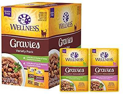 Wellness Healthy Indulgence Gravies Variety Pack Adult Wet Cat Food, Natural, Protein Rich, Grain Free, 2 Flavors, 3 oz, Pack of 8 Pouches