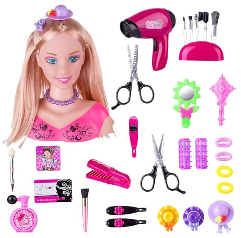 KonHaovF Styling Head Doll for Girls' Hair and Makeup Practice with Accessories and Hair Dryer (Style A)