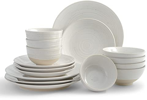 Sango Siterra 16-Piece Rustic White Stoneware Dinnerware Set – Service for 4, White with Glossy Speckle Overlay, for Everyday Dining & Entertainment, Microwave & Dishwasher Safe