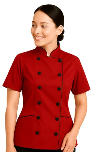 Uniformates Giacca da cuoco da donna a maniche corte e divisa da cuoco per maestro chef e pizzaiolo (Large, Red)