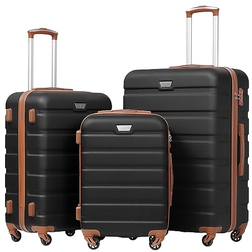 COOLIFE Hartschalen-Koffer Trolley Rollkoffer Reisekoffer ardschale Boardcase Handgepäck mit TSA-Schloss und 4 Rollen (Schwarz/Braun, Koffer-Set)