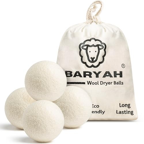 Baryah Tumble Dryer Balls Pack Of 4 XL - Handmade Reusable Organic New Zealand Sheep Wool Laundry Balls For Washing Machine Reduce Drying Time And Wrinkles With Natural Scented Fabric Softener Laundry