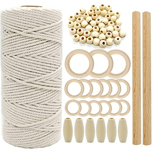 Makramé-set snöre naturligt bomullsrep med träringspinne för gör-det-själv. BEETHER makramé-kit vägghängande växthängare makramégarn (färg: set 3)