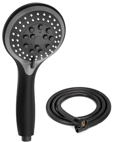 VEHHE Cabezal de ducha y manguera de 1,5 m, cabezal de ducha de alta presión y manguera con 5 modos de pulverización, ahorro de agua de energía para adultos, niños, mascotas (negro y gris)