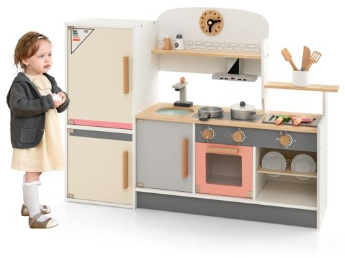 Maxmass Kids Play Kitchen, Wooden Children Pretend Kitchen Set with 16 Accessories, Side Refrigerator, BBQ Grill, Range Hood, Cute Clock, Rotary Switch, Toddlers Role Play Toy Kitchen for Boys Girls