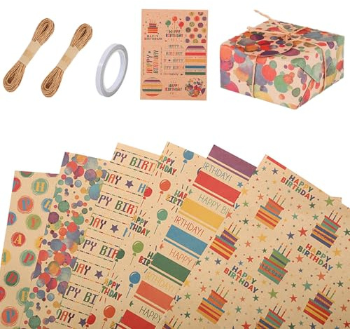 Recyclable Gift Wrapping Paper, 6 Sheets 50x70cm Eco-Friendly Kraft Wrapping Pape with Strings, Tape & Tags – Perfect for Birthday, Wedding, Anniversary & Mother's Day Presents