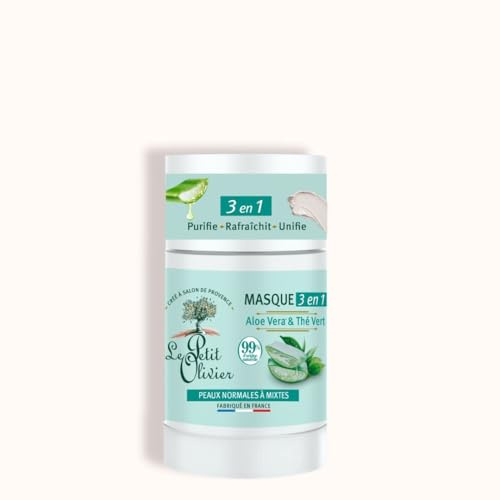 LE PETIT OLIVIER - Masque Visage 3 en 1 - Aloe Vera & Thé Vert - Purifie, Rafraîchit & Unifie - Peaux Normales À Mixtes - 99% D'Origine Naturelle - Sans Silicone - Fabriqué en France - 75 ml