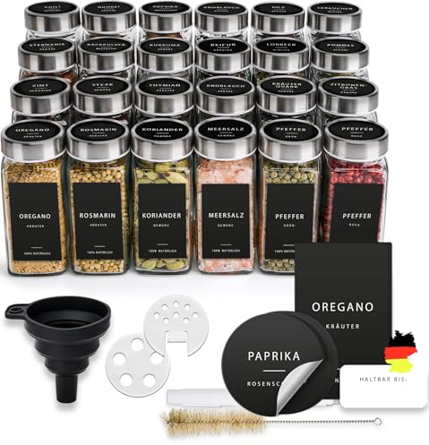 Happy Lemuro Pots à épices carrés [24 x 120 ml] Conteneurs à épices avec 301 étiquettes, couvercles en acier inoxydable | Ensemble de bocaux à épices | Rangement pour épices, pot à épices