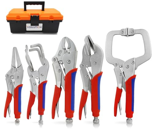 TOOLUTION Locking Pliers Set 5-Pack, Professional Welding Clamp Set Includes C-Clamp, Curved, Duckbill, Needle Nose & U-Shape Vise Grips for Metalworking, Woodworking, Automotive & DIY Workshop