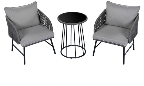 Generisch 3-teiliges Bistroset, Balkonmöbel-Set, handgeflochtenes Seil, Glastischplatte, Stühle belastbar 160 kg, für Terrasse, Garten und Balkon, Grau