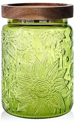 Glass Jar with Wooden Lid - 700 ML Christmas Airtight Storage Canister for Kitchen Pantry Bathroom, Decorative Retro Container for Candy, Biscuit, Cookie, Sweet, Tea, Coffee, Sugar, Green Sunflower