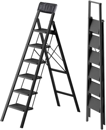 SOLADDER 6 Step Ladder with Handrails, Anti-Slip and Foldable Step Stool with Widen Pedals, Portable Stepladders for Home, Kitchen and Indoor, Space Saving -300lbs (Black)