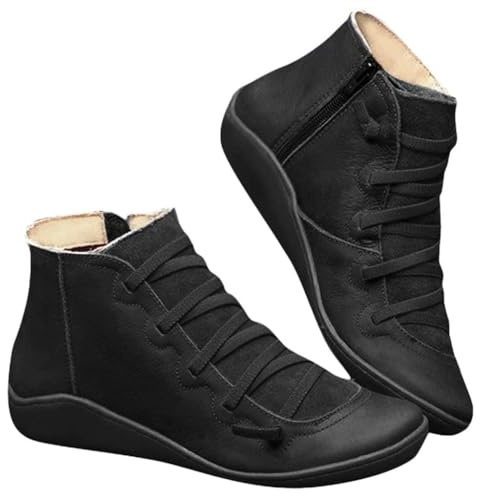 Bottines de cowboy pour femmes, bottes western plates à talons bas en cuir vintage, confortables et légères, avec fermeture éclair et soutien de la voûte plantaire, bottines tendance à lacets