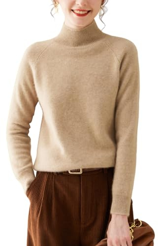DISSA Pull Femme Col Montant Manches Longues Cachemire Laine,Camel,36