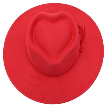 Wide Brim Fedora Hat for Men Women Big Rancher Felt Hat Boho Western Hat Flat Brim (Red,One Size)