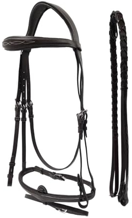Horse English Jumping Flash Bridle with Ergonomic Crownpiece – Anatomical Padded Snaffle Noseband, Fancy Stitched Raised Leather, Laced Reins Included, 1 Year Warranty