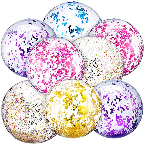 Chivao 10 Pcs Inflateable Sequin Glitter Beach Balls, 24 Inch and 16 Inch Jumbo Pool Confetti Glitter Balls, Swimming Pool Beach Toys for Summer Favor Decorations(Mixed Color)
