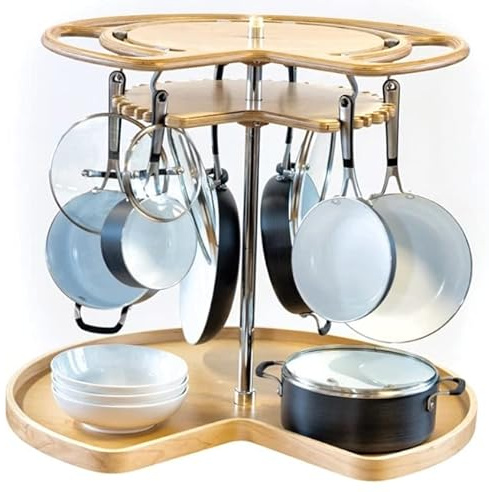 Wood Kidney Shape Swiveling Lazy Susan Hooks Pots and Pans Organizer with 7 Metal for Corner Base Cabinet (32 Diameter)