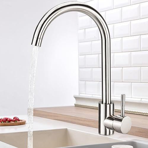 Virklyee Grifos para fregadero Grifo de cocina de una sola palanca, Grifo de Cocina para Acero Inoxidable, giratorio 360, para Agua Caliente y Fría, En forma de C (Plata)