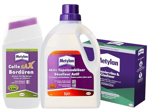 Metylan Renoviervlies & Glasfaser, Tapetenkleister (1x500g) & Metylan Bordüren Klebstoff (1x250g) & Metylan Tapetenablöser Aktiv-Konzentrat, löst problemlos (1x 1l)