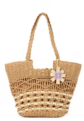 Jywmsc Bolso de Playa de Paja, Bolsos de Mano Grandes Tejidos Bohemios de Verano, Bolsos de Hombro Hechos a Mano de Ratán para Mujer