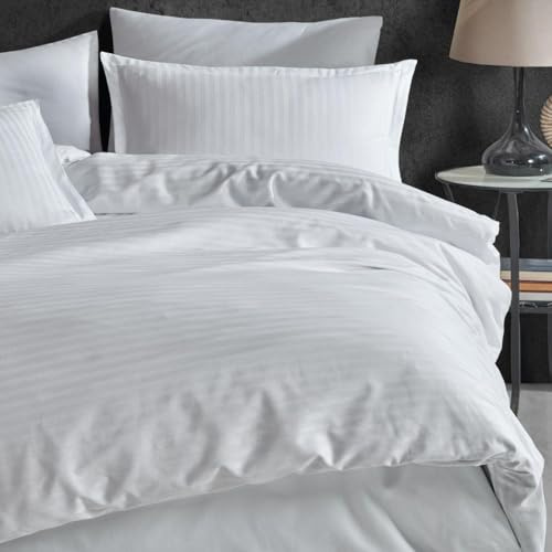 EURO DECO Parure de Lit en Satin à Rayures 3 Pièces - Housse de Couette 140x200 cm + 1 Drap Plat + 1 Taies d'oreiller 65x65 cm - Soyeux Parure de Lit Blanc Adultes 1 Personne