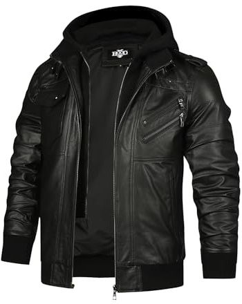 HOOD CREW Chaqueta de piel de vacuno auténtica para hombre, chaqueta negra con capucha para motociclista, Negro -, Medium