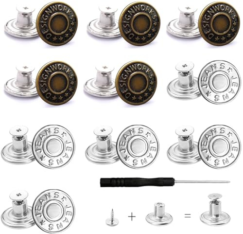 10Pcs Jean Button Pins - 17mm No Sew Replacement Buttons with Screwdriver - Adjustable for Jeans