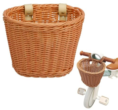 Kinderfahrrad Lenkerkorb, Fahrradhängekorb mit verstellbaren PU-Gurten, wetterfester, handgewebter Rattan-Aufbewahrungskorb, Kinderfahrradzubehör