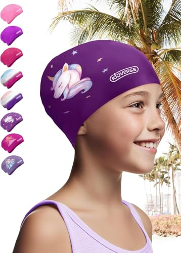 Titel: KIDVERSE Badekappe Mädchen Lange Haare 6-9 Jahre - Badekappe Kinder Mädchen mit Anti-Rutsch-Noppen- Badehaube Kinder - UV Schutz Schwimmhaube Kinder reißfest & wasserdicht