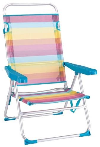 Silla de playa alta plegable Rainbow, reclinable y ligera de aluminio | Abatible 4 posiciones, Ligera. Respaldo-asiento textileno transpirable. De 62x55x100 cm.