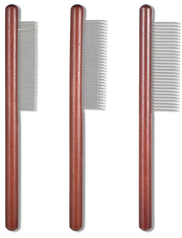 Lnngub 3 Stück Haustierkamm Set, 3 Stile Hundekamm aus Edelstahl mit Holzgriff Edelstahl Flohkamm für Katzen Haustierpflegekämme Quastenkamm zum Entfernen von Verwicklungen und Knoten