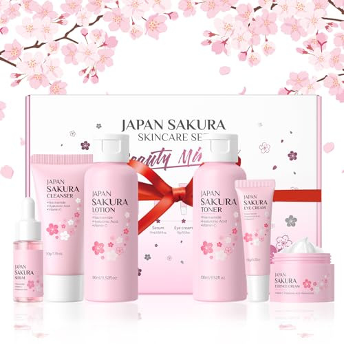 BeauBase Kit per la Cura della Pelle Sakura 6 Pezzi, Skin Care Ragazza 12 Anni, Include Detergente, Tonico, Lotion, Crema Viso, Siero e Crema per Gli Occhi, Sakura Skincare Set per Ragazze Donne