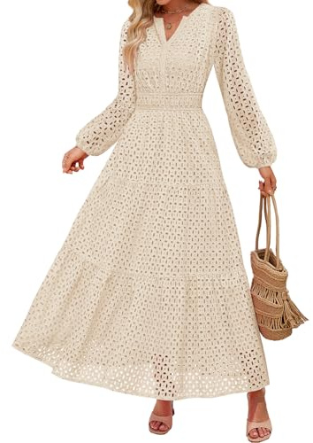 ZESICA Women's 2026 Spring Long Sleeve Maxi Dress V Neck Hollow Out Eyelet A Line Long Flowy Casual Party Dresses Apricot X-Large