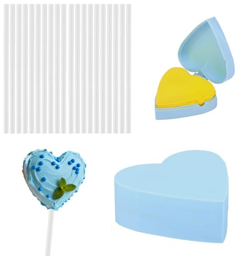 Lyreh Stampo per Cake Pop con 20 Bastoncini, Stampo Cake Pop 3D Blu in Plastica per Matrimoni Compleanni Cupcake Dessert Gelato Cioccolato Stampi Dolci Fatti In Casa (a Forma di Cuore)