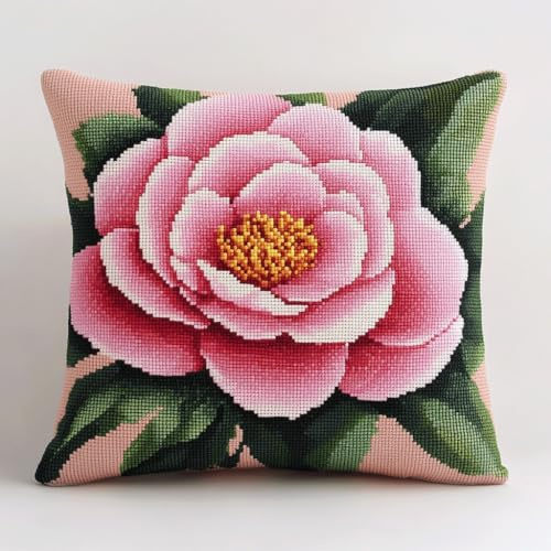 AMBATTERY Ricamo A Punto Croce Per Cuscino, Fiori rosa Punto Croce Kit da Ricamare Prestampato 45x45cm Kit Per Cuscino Ricamato A Mano Kit Per Ricamo A Croce