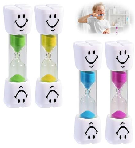 Juego de 4 relojes de arena de 3 minutos con diseño sonriente, temporizador visual para gestión del tiempo, adecuado para cepillarse los dientes, juegos, cocina y oficina, estructura duradera y