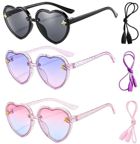 DXPETA 3 Pack Set with Black Frame Grey Lens, Kids Sunglasses Girls, Toddler Sunglasses 2-3 Years, Girls Sunglasses Age 6,Pink Frame Blue Lens, Purple Frame Pink Lens